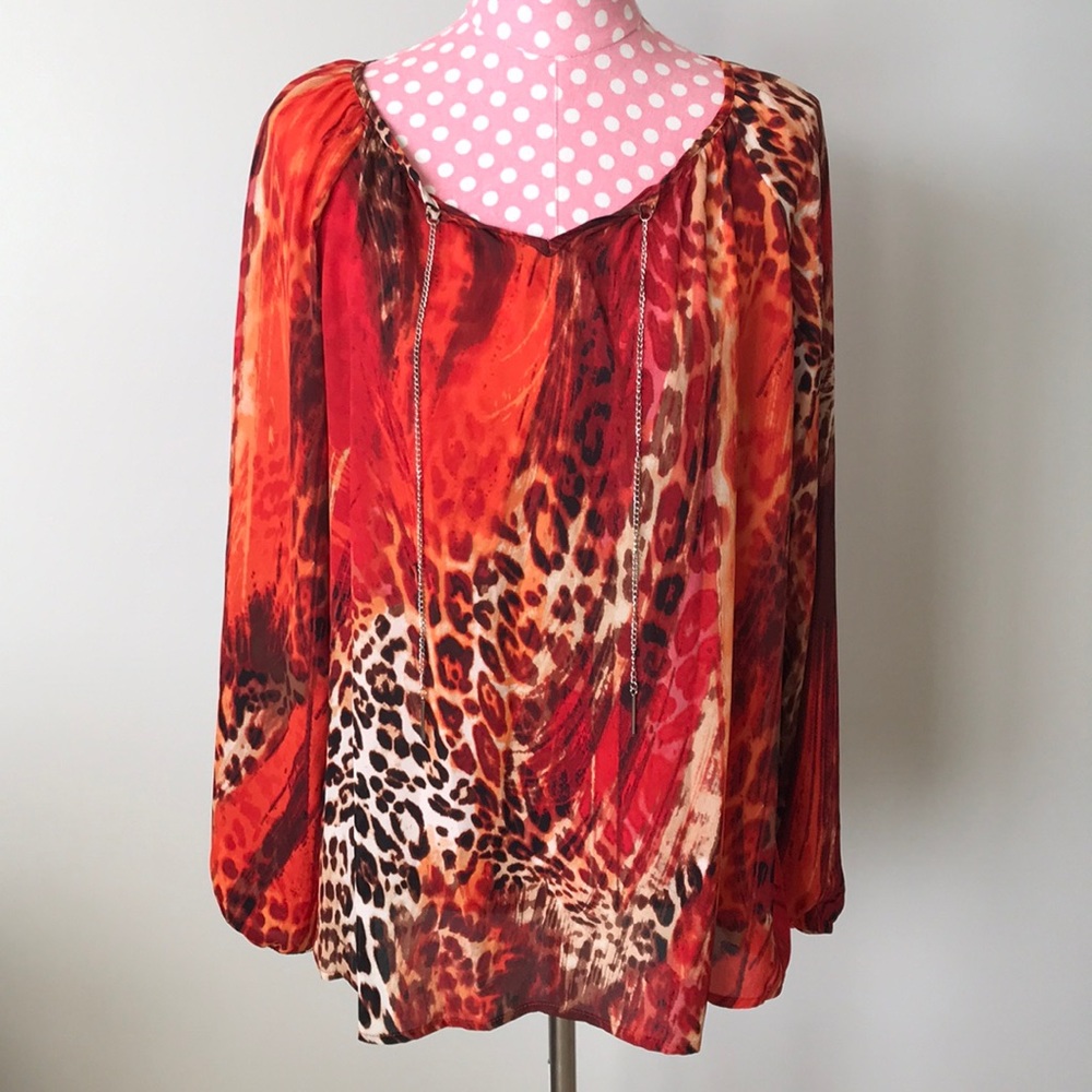 Zac & Rachel Red Orange Animal Print Peasant Blouse